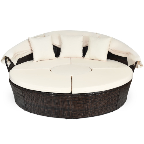 Costway Round Patio Rattan Daybed Sofa Adjustable Table Top with Canopy&3 Pillows