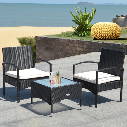 Costway Modern 3-Piece Outdoor Patio Caht Set Rattan Wicker Table & 2 Chair Set with Cushion