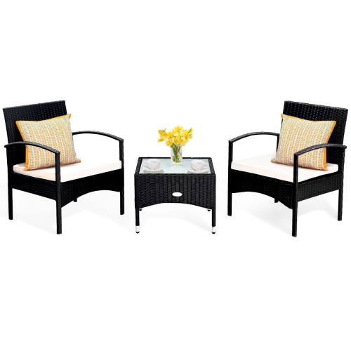 Costway Modern 3-Piece Outdoor Patio Caht Set Rattan Wicker Table & 2 Chair Set with Cushion