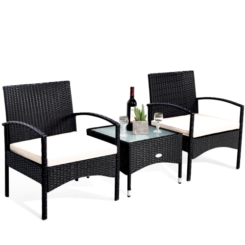 Costway Modern 3-Piece Outdoor Patio Caht Set Rattan Wicker Table & 2 Chair Set with Cushion