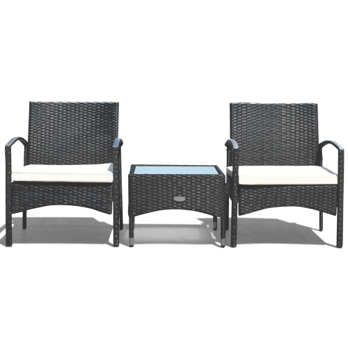 Costway Modern 3-Piece Outdoor Patio Caht Set Rattan Wicker Table & 2 Chair Set with Cushion