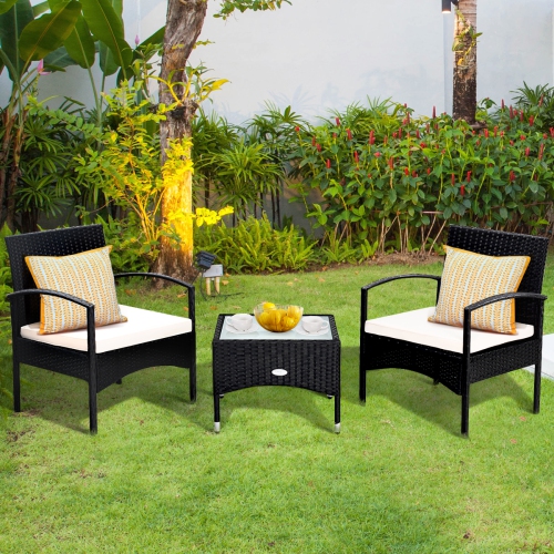 Costway Modern 3-Piece Outdoor Patio Caht Set Rattan Wicker Table & 2 Chair Set with Cushion