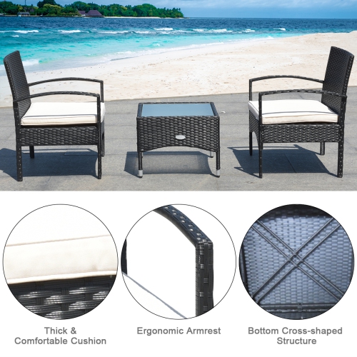 Costway Modern 3-Piece Outdoor Patio Caht Set Rattan Wicker Table & 2 Chair Set with Cushion