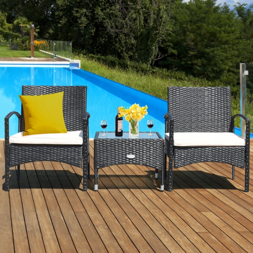 Costway Modern 3-Piece Outdoor Patio Caht Set Rattan Wicker Table & 2 Chair Set with Cushion