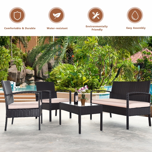 Costway Modern 4-Piece Outdoor Patio Garden Conversation Set Rattan Wicker Cushioned Sofa Furniture Black