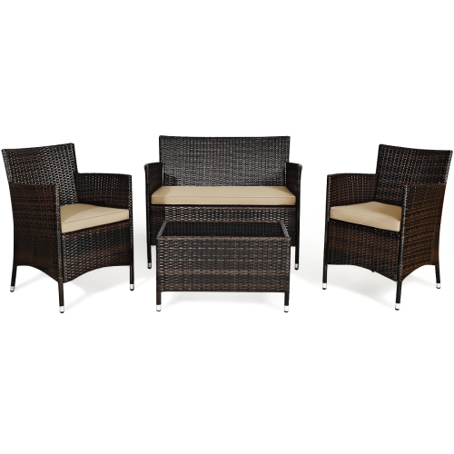 Costway 4PCS Rattan Patio Furniture Set Cushioned Sofa Chair Coffee Table