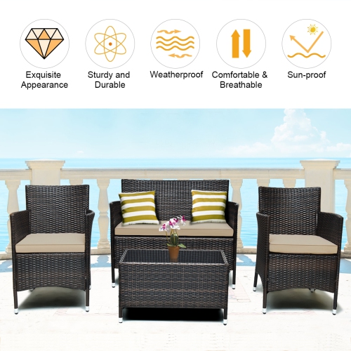 Costway 4PCS Rattan Patio Furniture Set Cushioned Sofa Chair Coffee Table