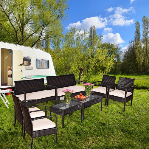 COSTWAY  8PCs Patio Rattan Conversation Set Cushioned Seat Sofa With Glass Table