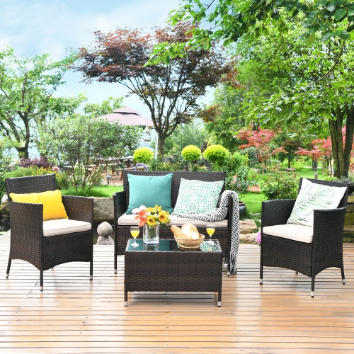 COSTWAY  Modern 4-Piece Patio Garden Conversation Set Rattan Wicker Cushioned Seat Sofa In Brown