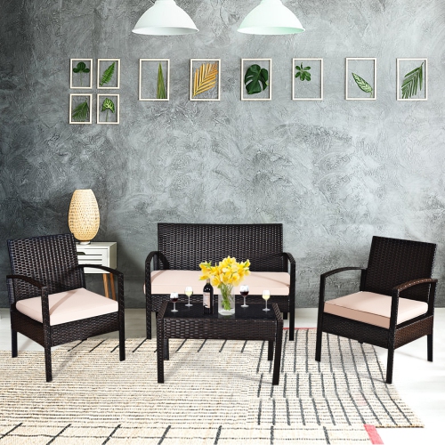 COSTWAY  Modern 4-Piece Patio Conversation Set Rattan Cushioned Chairs&glasstable Furniture Set