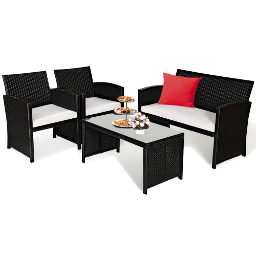 Costway Modern 4-Piece Garden Patio Conversation Set Rattan Furniture Cushioned Sofa with Table Black