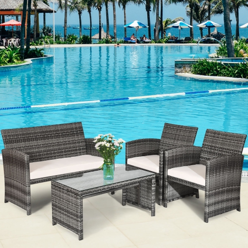 Costway 8-Piece Patio Modern Rattan Wicker Complete Conversation Cushioned Sofa Set w/ 2 Glass-top Coffee Tables