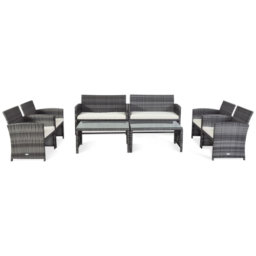 Costway 8-Piece Patio Modern Rattan Wicker Complete Conversation Cushioned Sofa Set w/ 2 Glass-top Coffee Tables