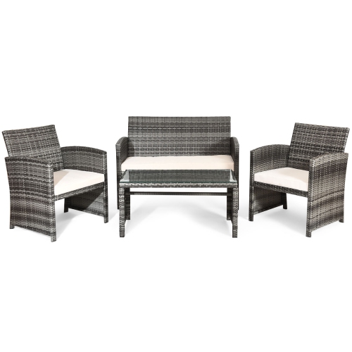 Costway 8-Piece Patio Modern Rattan Wicker Complete Conversation Cushioned Sofa Set w/ 2 Glass-top Coffee Tables