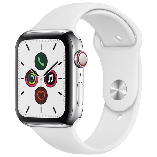 Apple Watch Series 5 44mm Stainless Steel Case with White Sport Band - Open Box
