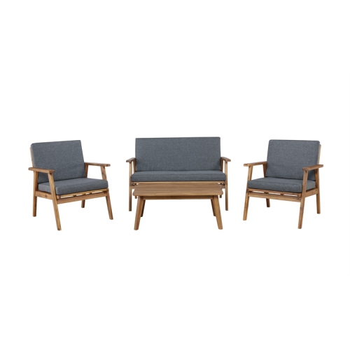 Linon Cooper Mid-Century Style Luxury Acadia Wood Outdoor Chat Set (Two Chairs, Sofa & Coffee Table) in Gray