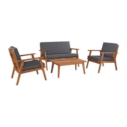 Linon Cooper Mid-Century Style Luxury Acadia Wood Outdoor Chat Set (Two Chairs, Sofa & Coffee Table) in Gray