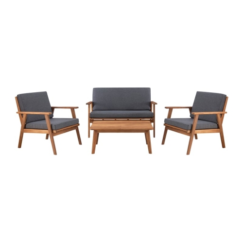 Linon Cooper Mid-Century Style Luxury Acadia Wood Outdoor Chat Set (Two Chairs, Sofa & Coffee Table) in Gray