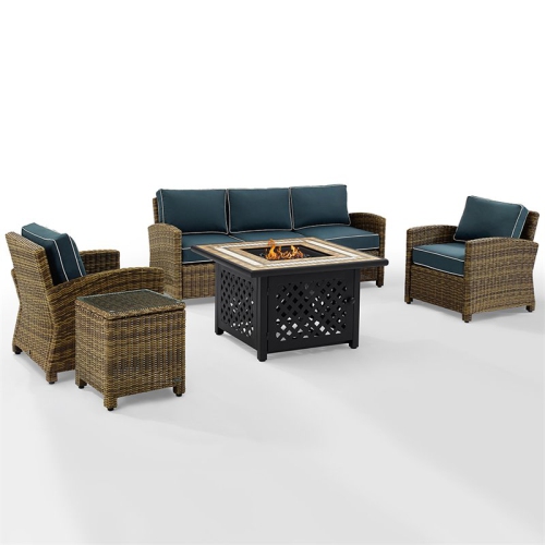 CROSLEY FURNITURE  Bradenton 5 Piece Patio Fire Pit Sofa Set In And Navy In Brown