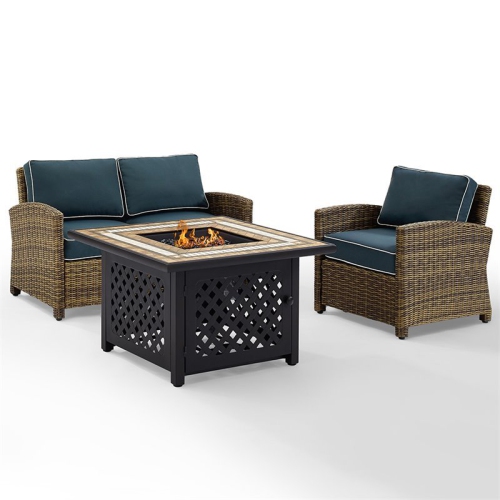 CROSLEY FURNITURE  Bradenton 3 Piece Patio Fire Pit Sofa Set In And Navy In Brown
