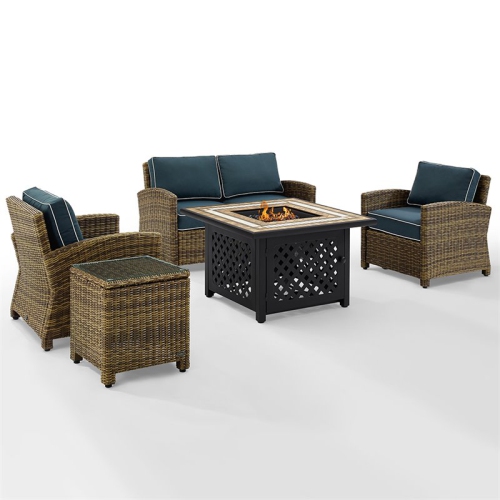 CROSLEY FURNITURE  Bradenton 5 Piece Patio Fire Pit Sofa Set In And Navy In Brown