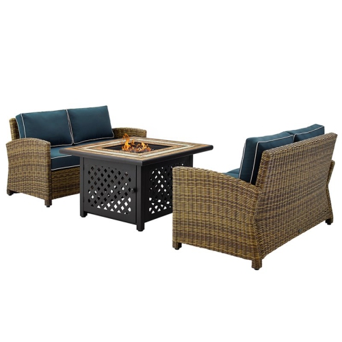 CROSLEY FURNITURE  Bradenton 3 Piece Patio Fire Pit Sofa Set In And Navy In Brown