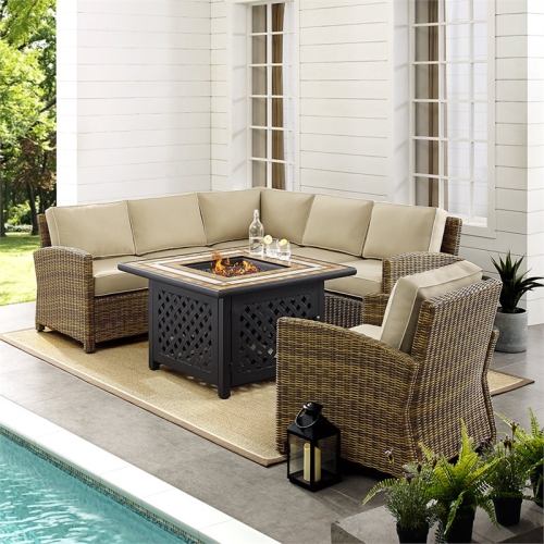 Crosley Bradenton 5 Piece Patio Fire Pit Sectional Set in Brown and Sand