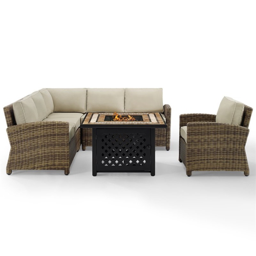 Crosley Bradenton 5 Piece Patio Fire Pit Sectional Set in Brown and Sand