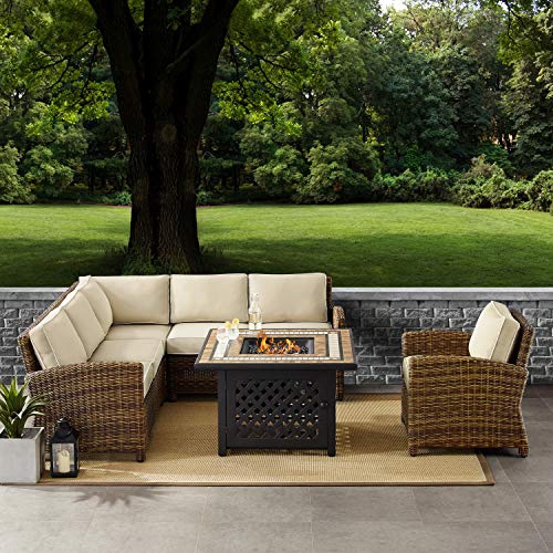 Crosley Bradenton 5 Piece Patio Fire Pit Sectional Set in Brown and Sand