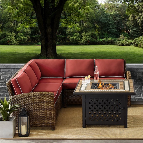 Crosley Bradenton 4 Piece Patio Fire Pit Sectional Set in Brown and Sangria
