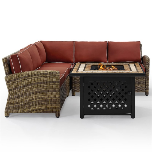 Crosley Bradenton 4 Piece Patio Fire Pit Sectional Set in Brown and Sangria