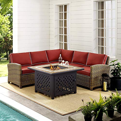 Crosley Bradenton 4 Piece Patio Fire Pit Sectional Set in Brown and Sangria