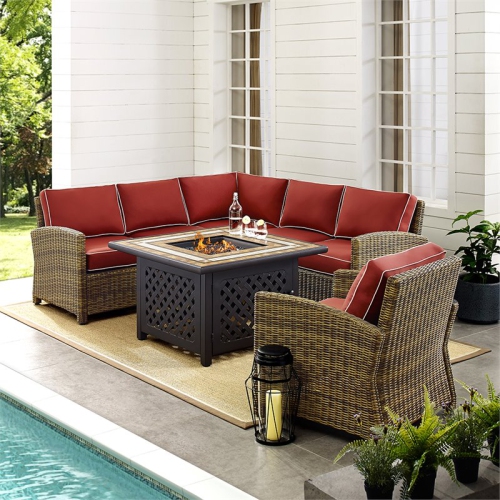Crosley Bradenton 5 Piece Patio Fire Pit Sectional Set in Brown and Sangria