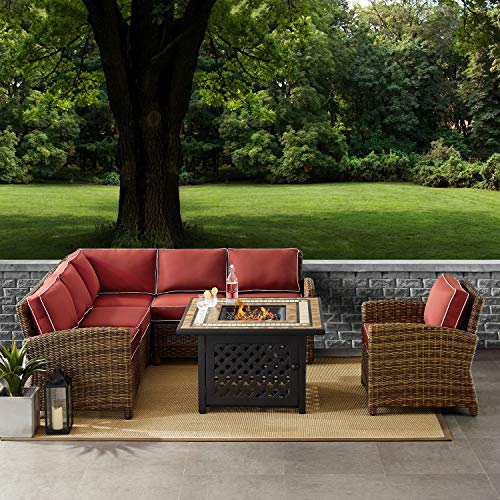 Crosley Bradenton 5 Piece Patio Fire Pit Sectional Set in Brown and Sangria