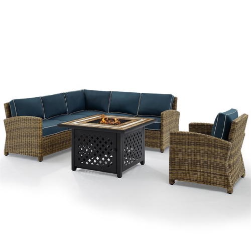 CROSLEY FURNITURE  Bradenton 5 Piece Patio Fire Pit Sectional Set In And Navy In Brown