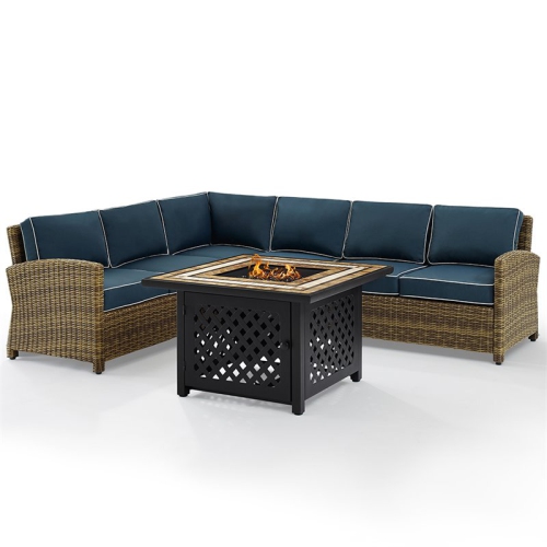CROSLEY FURNITURE  Bradenton 5 Piece Patio Fire Pit Sectional Set In And Navy In Brown