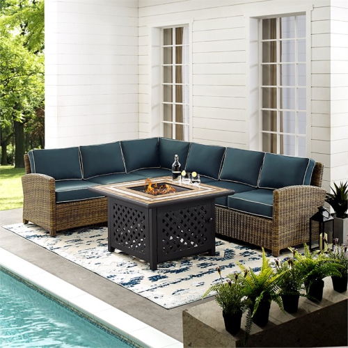 Crosley Bradenton 5 Piece Patio Fire Pit Sectional Set in Brown and Navy