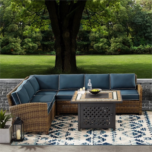 Crosley Bradenton 5 Piece Patio Fire Pit Sectional Set in Brown and Navy