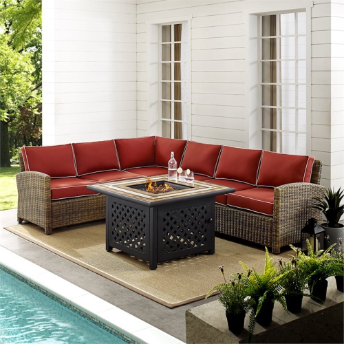 Crosley Bradenton 5 Piece Patio Fire Pit Sectional Set in Brown and Sangria