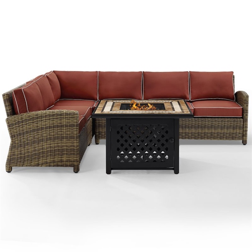 Crosley Bradenton 5 Piece Patio Fire Pit Sectional Set in Brown and Sangria