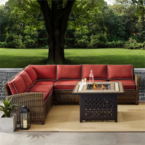 Crosley Bradenton 5 Piece Patio Fire Pit Sectional Set in Brown and Sangria