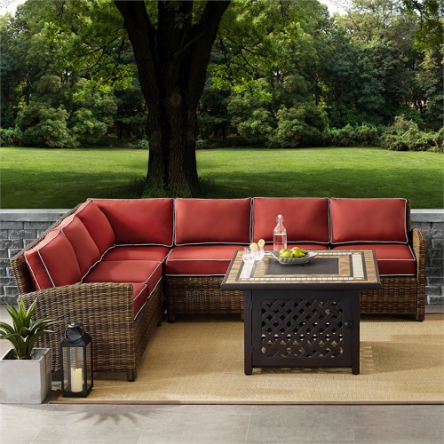 Crosley Bradenton 5 Piece Patio Fire Pit Sectional Set in Brown and Sangria