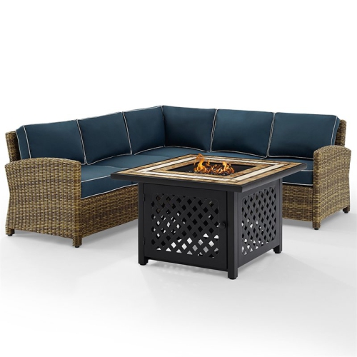 CROSLEY FURNITURE  Bradenton 4 Piece Patio Fire Pit Sectional Set In And Navy In Brown
