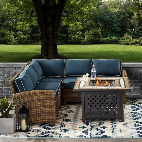 Crosley Bradenton 4 Piece Patio Fire Pit Sectional Set in Brown and Navy