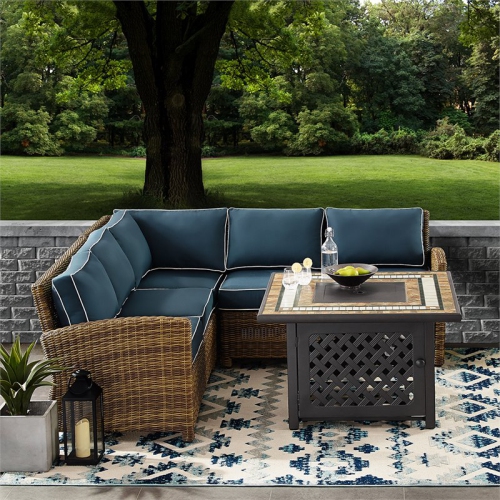 Crosley Bradenton 4 Piece Patio Fire Pit Sectional Set in Brown and Navy
