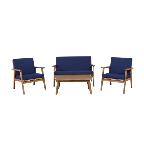 Linon Cooper Mid-Century Style Luxury Acadia Wood Outdoor Chat Set (Two Chairs, Sofa & Coffee Table) in Blue