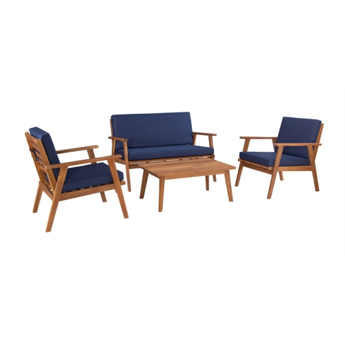 Linon Cooper Mid-Century Style Luxury Acadia Wood Outdoor Chat Set (Two Chairs, Sofa & Coffee Table) in Blue