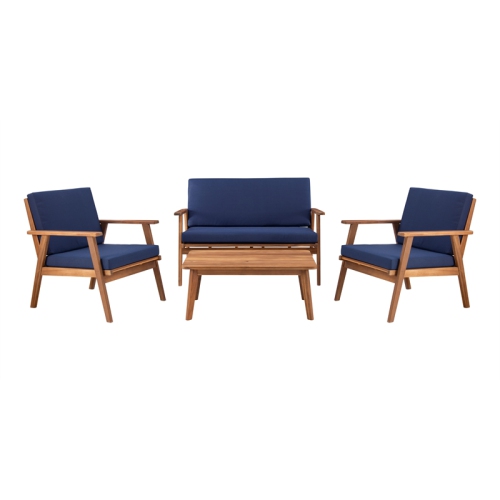 Linon Cooper Mid-Century Style Luxury Acadia Wood Outdoor Chat Set (Two Chairs, Sofa & Coffee Table) in Blue