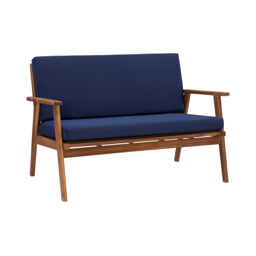 Linon Cooper Mid-Century Style Luxury Acadia Wood Outdoor Chat Set (Two Chairs, Sofa & Coffee Table) in Blue