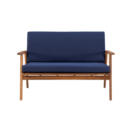 Linon Cooper Mid-Century Style Luxury Acadia Wood Outdoor Chat Set (Two Chairs, Sofa & Coffee Table) in Blue